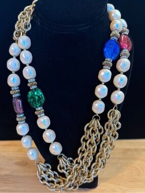 Vintage Multi Chain Glass Beads Pearls  Chunky Statement Necklace 24”